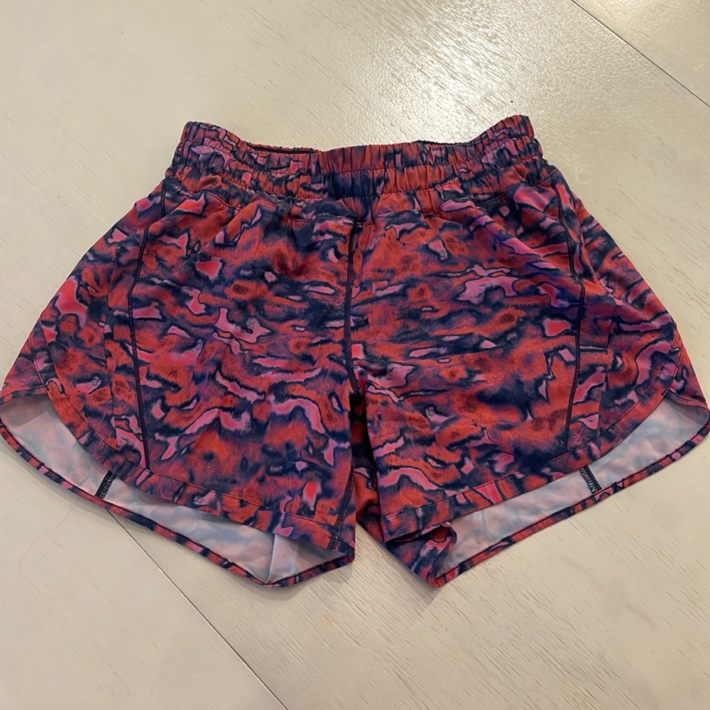 Lululemon Track That High-Rise Lined Short 5in. Size 8. Color: pink and blue.